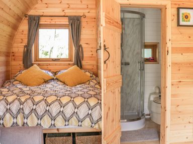 A wooden bedroom with a bed and pillows next to a bathroom with a shower at Dingle Den in Craswall