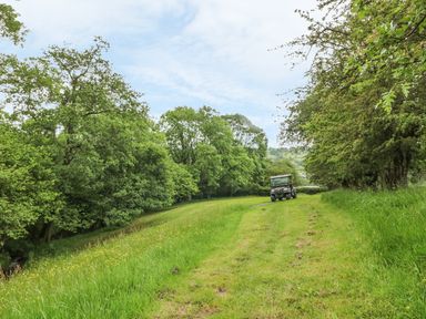 A grassy field with trees on both sides and a small vehicle on the path at Dingle Den in Craswall