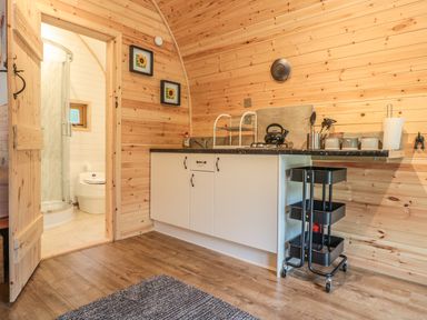 A small kitchen area with cabinets a kettle and utensils next to a bathroom with a shower at Dingle Den Craswall