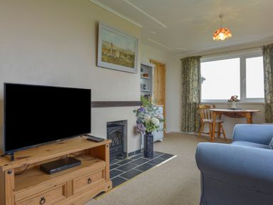 A living room with a TV on a wooden stand a fireplace a vase with flowers a small dining table and chairs and a blue armchair at The Quillet in Pendeen