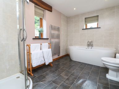 A bathroom with a bathtub toilet shower towel rack and two windows at The Croft in Holsworthy