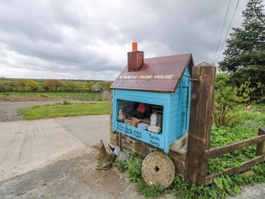A small blue farm stand shaped like a house offering farm fresh eggs and local honey in a rural area