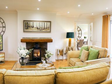 A living room with sofas a glass coffee table a fireplace and a lamp at Holly Edge in Moorsholm