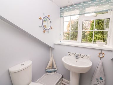 A bathroom with a toilet sink window and nautical decorations at Fisher Granary in Lampeter