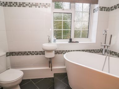 A bathroom with a toilet sink and bathtub under a window at Fisher Granary in Lampeter