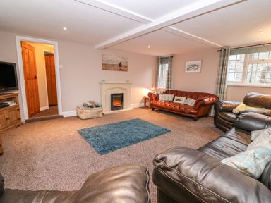 A living room with leather sofas a fireplace a television and carpet at Fisher Granary in Lampeter