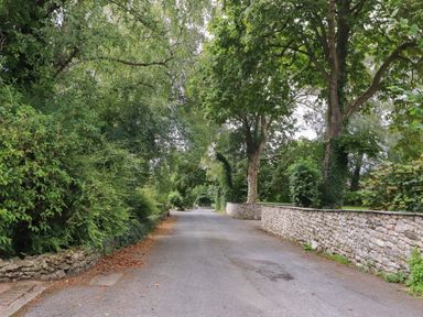 A narrow paved road lined with stone walls and trees on both sides at Underfell in Burton-In-Kendal