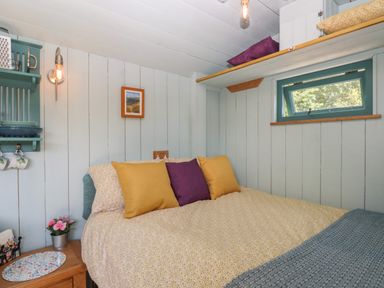 A bedroom with a bed with cushions a small window and shelves at Two Moors Shepherds Hut in Hittisleigh