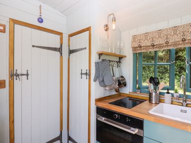 A kitchen corner with an oven cooktop sink utensils and a window at Two Moors Shepherds Hut in Hittisleigh
