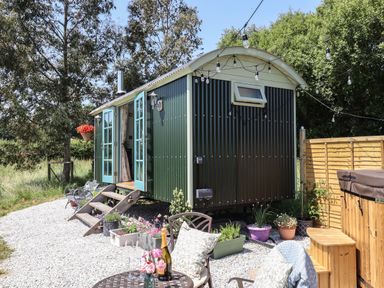 A small green shepherds hut with blue doors and outdoor seating with plants and hot tub at Two Moors Shepherds Hut in Hittisleigh