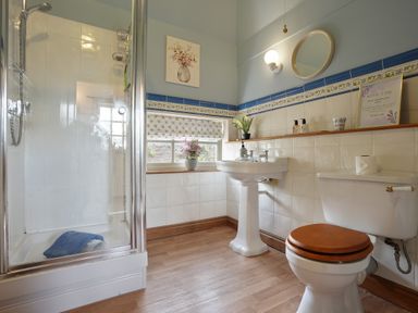 A bathroom with a shower enclosure a sink a toilet with wooden seat and a window with floral blind at Manor Cottage in Northallerton
