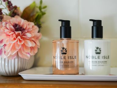 A bottle of hand wash and a bottle of hand lotion on a white tray next to a pink flower in a white vase at Manor Cottage in Northallerton