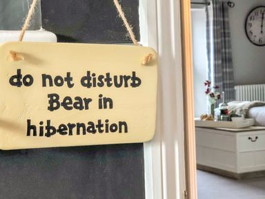 A sign hanging on a door that says do not disturb bear in hibernation with a bedroom visible in the background at Penlaurel Launceston
