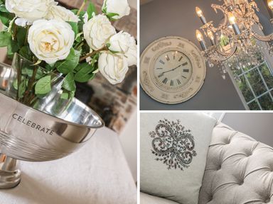 A collage showing white roses in a metal vase engraved with celebrate a wall clock and a crystal chandelier and a cushion on a tufted sofa at Penlaurel in Launceston