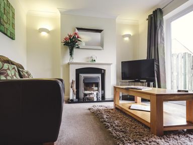 A living room with a brown leather sofa a wooden coffee table a TV and a fireplace at Ladybird in Bridgwater