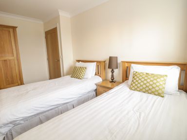 A bedroom with two single beds a bedside table with a lamp and a wooden wardrobe at Dragonfly in Bridgwater