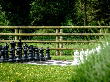 An outdoor life size chess set with black and white pieces on a grass lawn at Dragonfly in Bridgwater