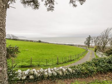 A grassy field with fencing and a stone wall beside a curved road near the sea at Hendre Wylan in Llanaber