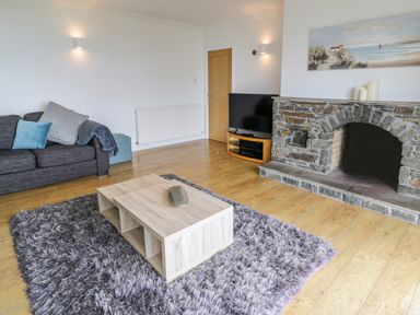 A living room with a stone fireplace a gray sofa with cushions a wooden coffee table on a gray rug and a television on a wooden stand at Hendre Wylan in Llanaber