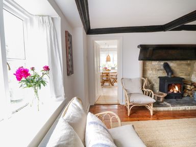 A living room with armchairs and a wood-burning stove with fire next to a window with flowers at Whitehall Farm Cottage in Honiton