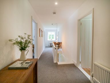 A hallway with carpet flooring lights on the ceiling and a small table with a vase on top at Whitehall Farm Cottage in Honiton