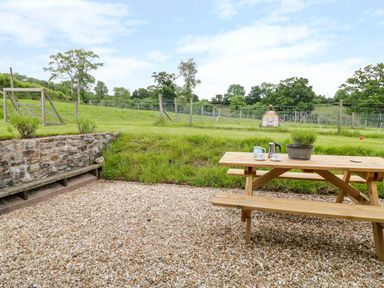 A wooden picnic table with cups and a plant on gravel patio facing a fenced grassy field at Whitehall Farm Cottage in Honiton