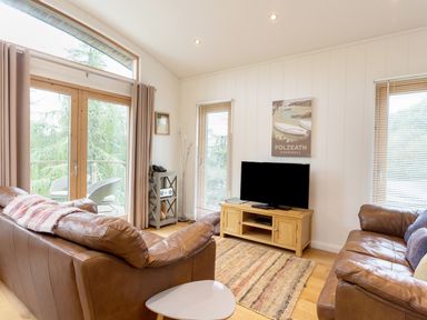 A living room with leather sofas a television on a wooden stand and large windows at 6 Lake View in Lanreath