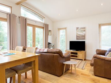 A living room with brown leather sofas a wooden dining table chairs a television and large windows at 6 Lake View Lanreath