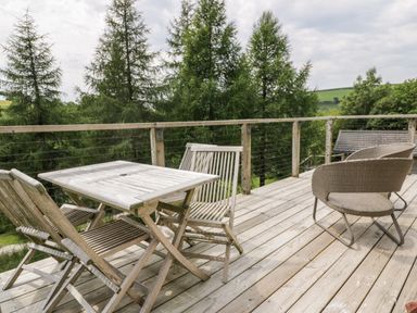 A wooden outdoor deck with a table and chairs surrounded by trees at 6 Lake View in Lanreath