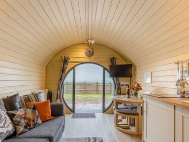 An interior of a wood-paneled pod with a grey sofa with cushions, a round window with curtains, a wall-mounted TV, a small dining table with chairs, and kitchen cabinetry at Corndon Pod White Grit near Chirbury