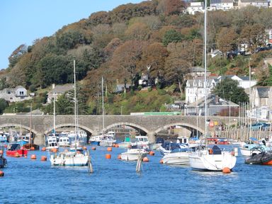 A harbor with boats and sailboats on the water near a stone bridge and houses on a hillside at Downlea in Looe