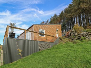 An exterior view of a wooden cabin on a grassy hill with a wooden railing and forest in the background at Haka Lodge in Devil's Bridge