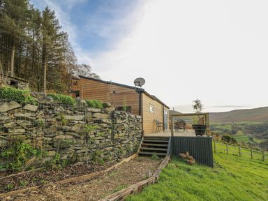 A wooden lodge with an outdoor deck and chairs overlooking a green hillside with trees at Haka Lodge in Devil's Bridge