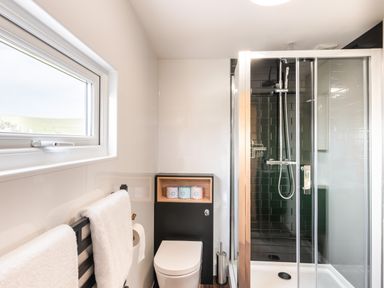 A bathroom with a window towels on a rack a toilet with rolled toilet paper and a shower with glass doors Haka Lodge in Devils Bridge