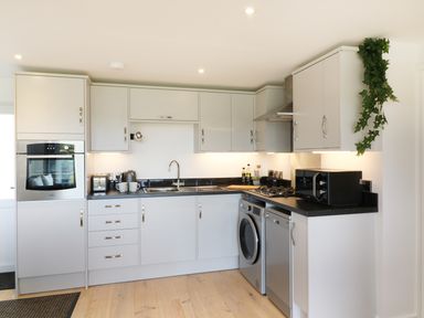 A kitchen with white cabinets black countertop and stainless appliances with a plant on the upper cabinet at Upham View in Woodbury