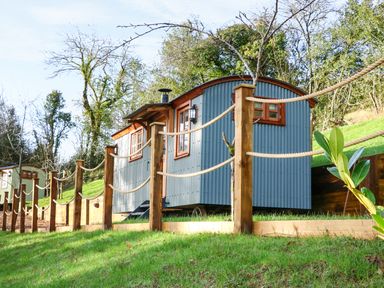 A small blue corrugated metal cabin with wooden window frames behind a rope fence on a grassy hill with trees in the background at Little Silver Fox in High Bickington