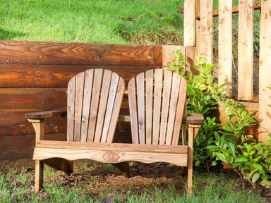 A wooden outdoor bench with two seats in front of a wooden fence and green plants in a garden