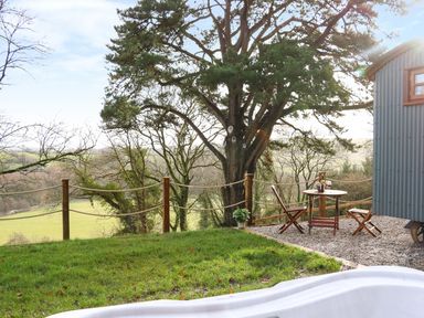 An outdoor seating area with a small round table and three wooden chairs next to a curved building and large tree at Little Silver Fox in High Bickington