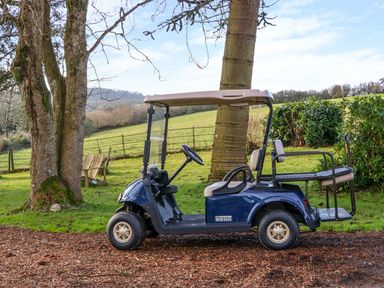 A blue golf cart parked on a dirt path near trees and a green field at Little Silver Fox in High Bickington