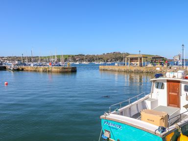 A harbor with boats docked near piers and a small building on the waterfront at Pugwash Cottage in Falmouth