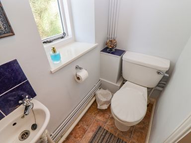 A small bathroom with a toilet sink and window at Pheasant Cottage in Minster Lovell