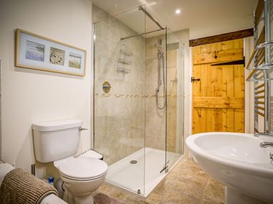 A bathroom with a toilet a glass shower enclosure a sink and a wooden door at Top Barn in Chipping Norton