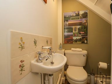 A small bathroom with a white sink and toilet and a collage photo on the wall at Anvil Cottage in Chipping Norton