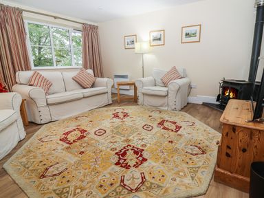 A living room with sofas, armchair, patterned rug, wood-burning stove, lamp, and wooden TV stand at The Cottage At Barrow Mead in Bath