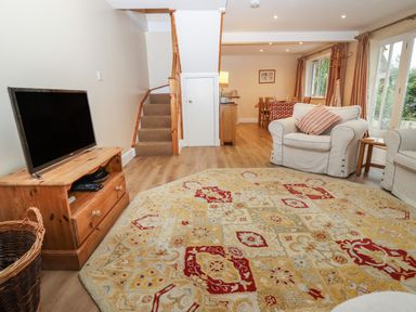 A living room with a patterned rug a television on a wooden stand armchairs and a dining area at The Cottage At Barrow Mead in Bath