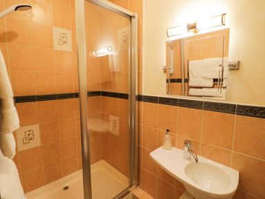 A bathroom with a shower and sink at Elmhurst Cottage in Lower Quinton