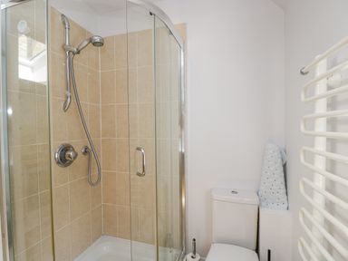 A bathroom with a glass shower enclosure a tiled shower area a toilet a toilet paper holder and a white towel radiator at The Lodge in Coln St Aldwyns
