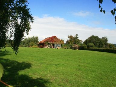 A small house with a red roof covered in vines surrounded by a large green grassy field and trees at The Piggery in Lydney