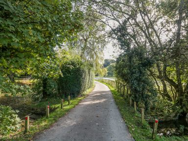 A narrow paved pathway flanked by trees and bushes with a stream running alongside at Mayfly Cottage in Coln St Aldwyns near Bibury
