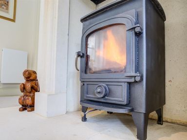 A black wood burning stove with fire inside and a wooden animal figurine on the floor nearby at The Old Dairy in Shilton